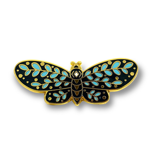 Large gold enamel moth blue eucalyptus pin - Picture 7 of 7